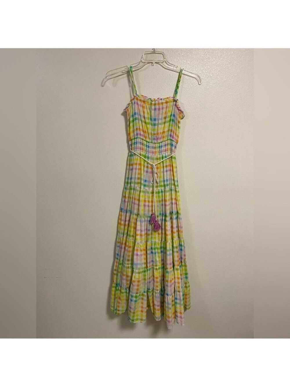 Playa Lucila Dress Women’s Size Small Rainbow Gingham tiered Maxi Dress